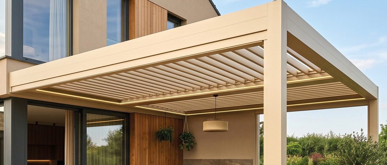 Nowoczesna pergola bioklimatyczna przy domu